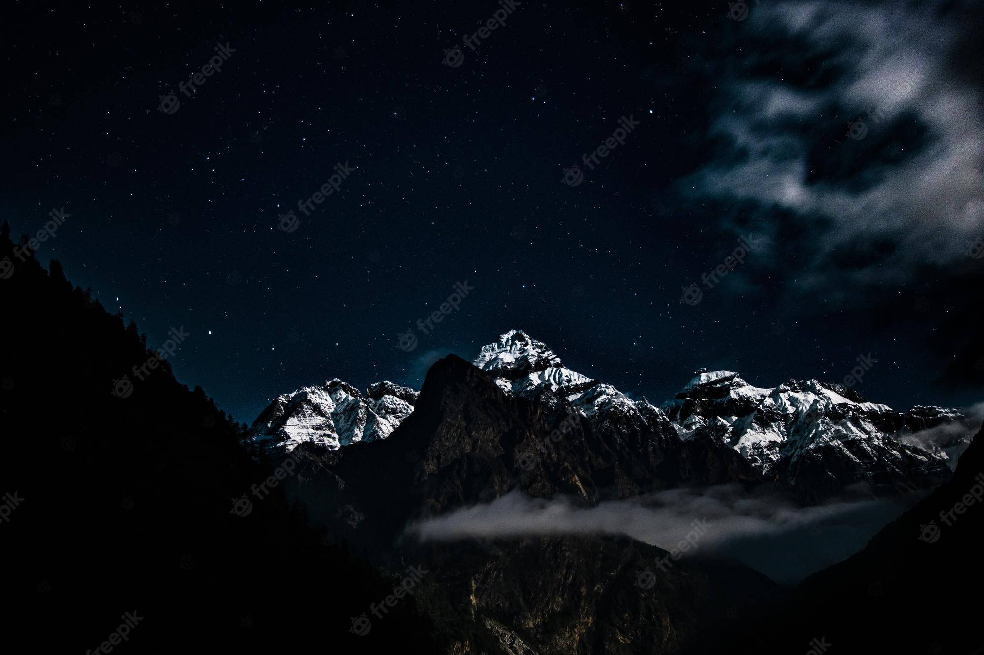 Mountain Range At Night With Clouds And Stars